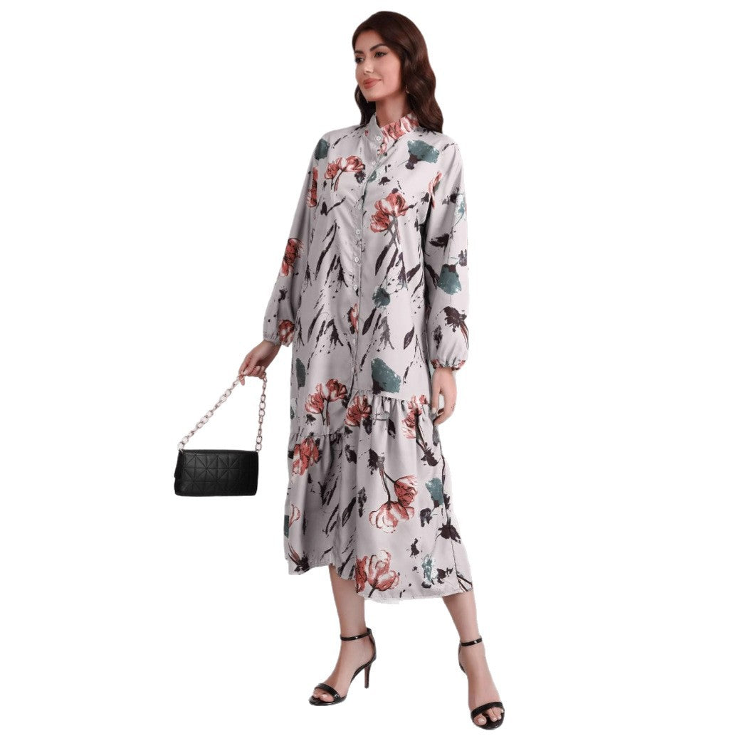 Damen Hemdblusenkleid mit Aquarell-Blumenprint, Stehkragen & Stufenrock Shop Nory