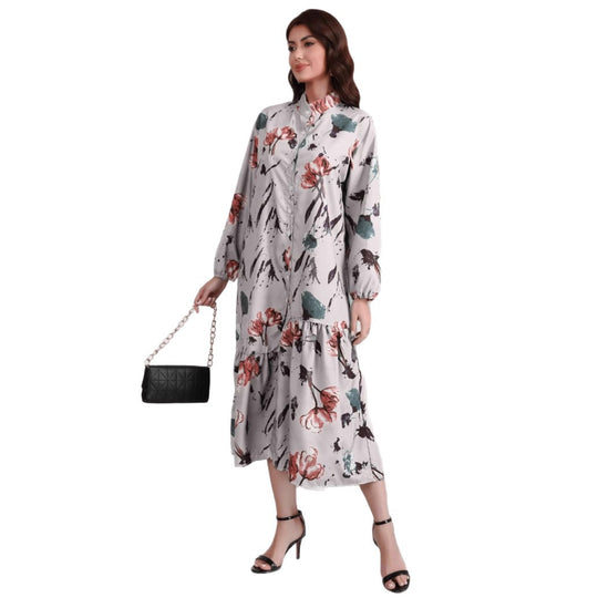 Damen Hemdblusenkleid mit Aquarell-Blumenprint, Stehkragen & Stufenrock Shop Nory