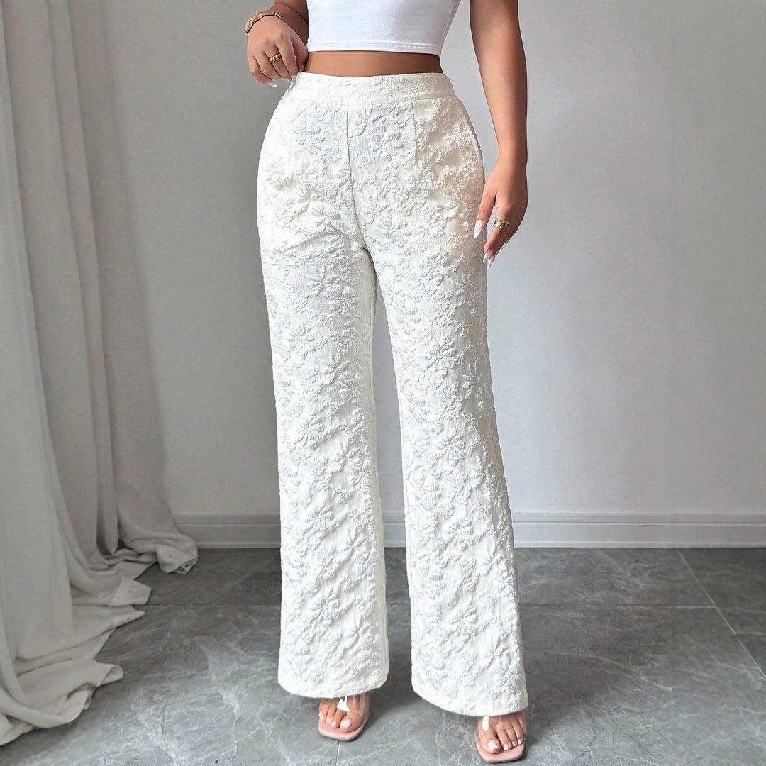 Damen hochgeschnittene Jacquard-Hose mit floralem Stickmuster, weitem Beinschnitt und Eingrifftaschen Shop Nory
