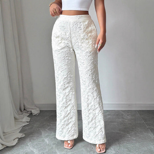 Damen hochgeschnittene Jacquard-Hose mit floralem Stickmuster, weitem Beinschnitt und Eingrifftaschen Shop Nory