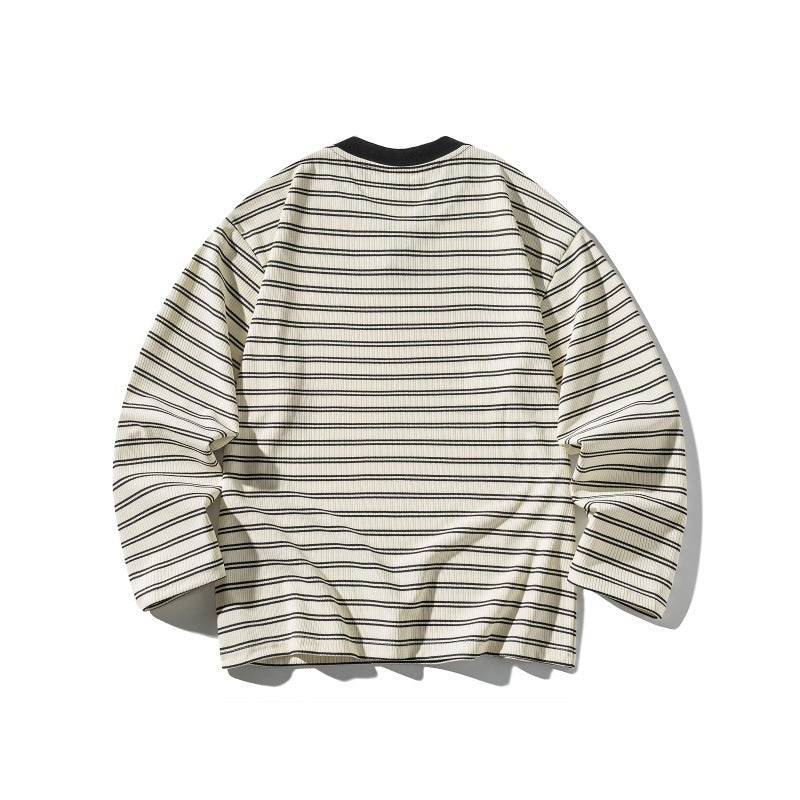 Unisex Gestreiftes Strukturiertes Longsleeve mit Notch-V-Ausschnitt und Rippenstruktur Shop Nory