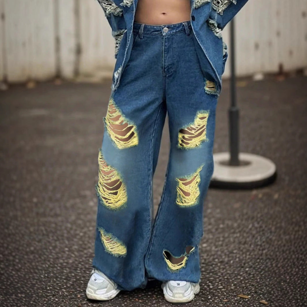 Damen weite Destroyed-Baggy-Jeans mit großflächigen Fransenrissen und relaxed Fit Shop Nory