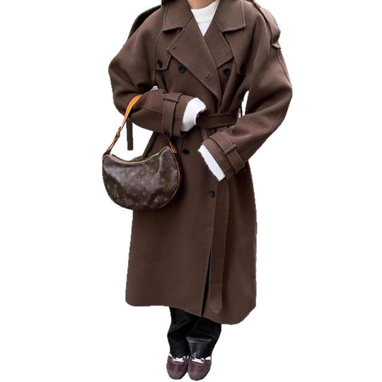 Damen Oversize Wollmantel mit breitem Reverskragen und Taillengürtel Shop Nory