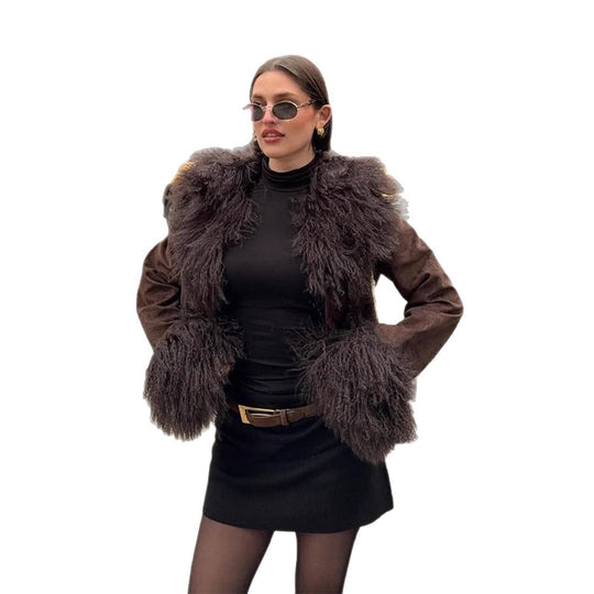 Damen Kurze Wildlederjacke mit voluminösem Tibetlammfellkragen und Fellmanschetten Shop Nory