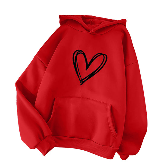 Damen nan oversized Kapuzenpullover mit handgezeichnetem Herzprint, Kängurutasche und weichem Fleece-Innenfutter Shop Nory