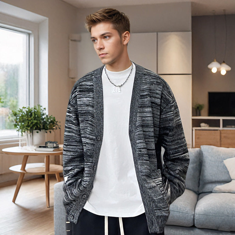 Herren Lockerer Melierter Oversize-Strickcardigan mit Knopfleiste und aufgesetzten Taschen Shop Nory