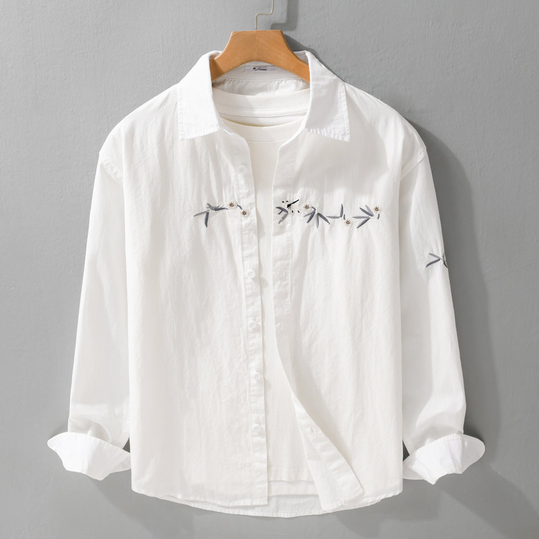 Damen Lockeres besticktes Baumwoll-Overshirt mit Kentkragen und Layering‑Detail Shop Nory