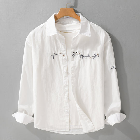 Damen Lockeres besticktes Baumwoll-Overshirt mit Kentkragen und Layering‑Detail Shop Nory