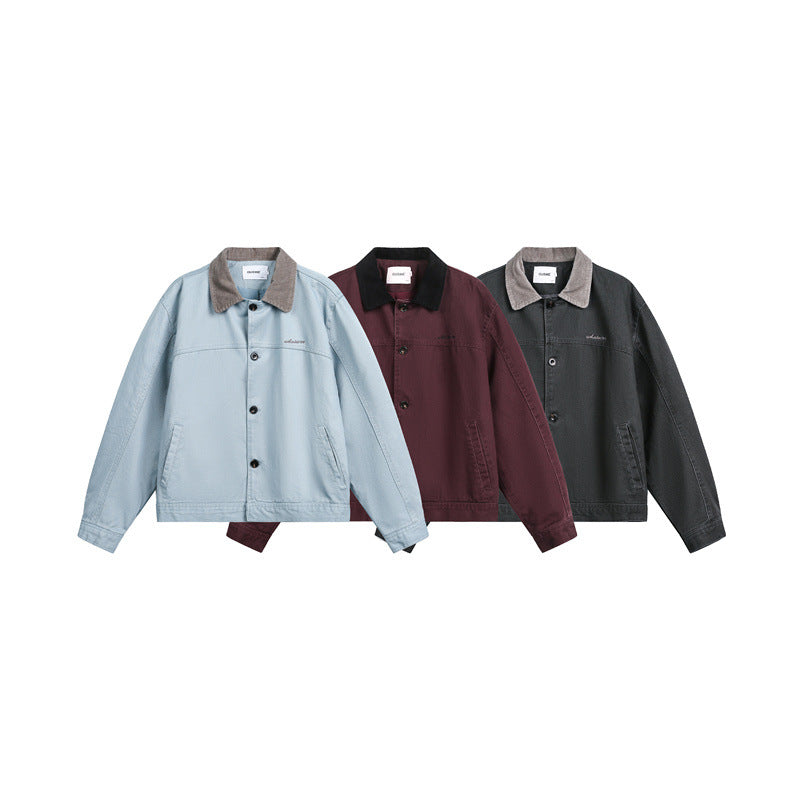 Unisex Kurz geschnittener Boxy-Jeansblouson mit Cordkragen und Eingrifftaschen Shop Nory