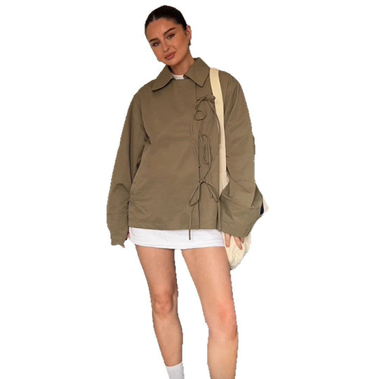 Damen Oversize-Hemdjacke mit dekorativen Knotenschließen und Hemdkragen Shop Nory