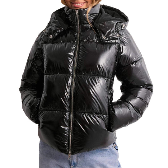 Damen Trendige Hochglanz Daunenjacke mit Kapuze
