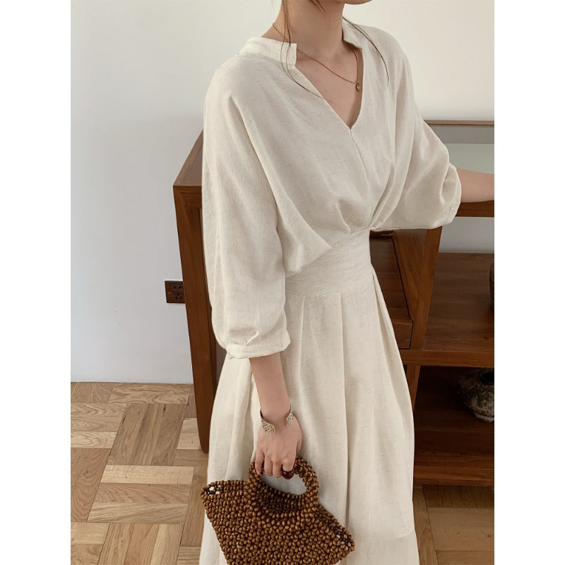 Damen Leinenoptik Midikleid mit V-Ausschnitt dreiviertel Ärmeln und taillierter Taille Shop Nory