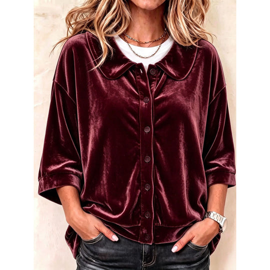 Damen Samt-Button-Down-Hemdbluse mit abgerundetem Kragen Shop Nory