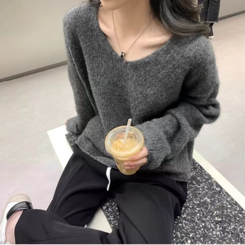 Damen Oversize V‑Ausschnitt Mohair‑Look Pullover mit Angora‑Optik und überschnittener Schulter Shop Nory