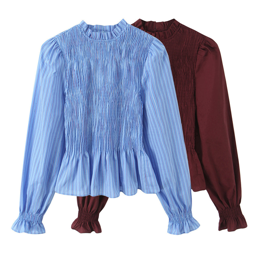 Damen Langärmlige Smockbluse mit Stehkragen und Volantsaum Shop Nory