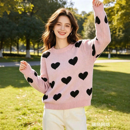 Damen Oversize-Strickpullover mit Herz‑Jacquard und Rundhalsausschnitt Shop Nory