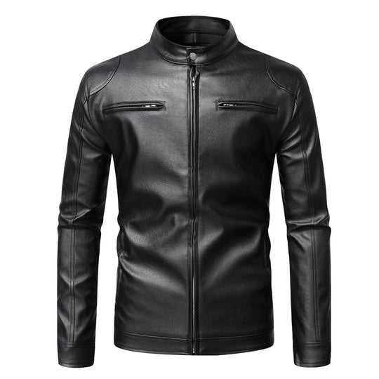 Herren Schmale Lederjacke im Urban-Bikerstil mit Stehkragen und Brust-Reißverschlusstaschen Shop Nory