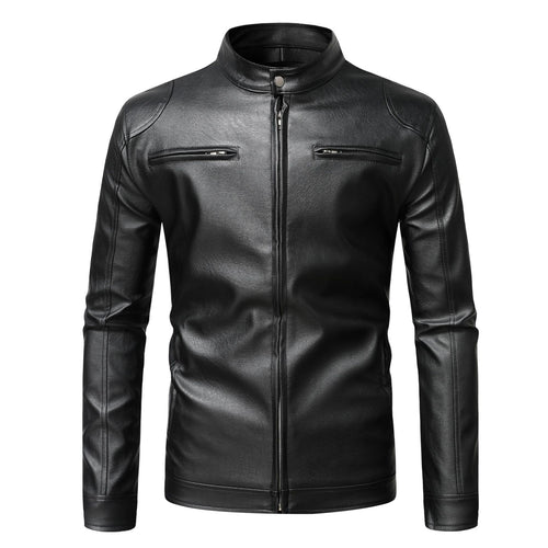 Herren Schmale Lederjacke im Urban-Bikerstil mit Stehkragen und Brust-Reißverschlusstaschen Shop Nory