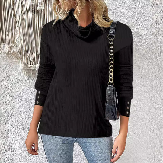 Damen Rippschneider Rollkragenpullover mit 3/4-Ärmeln und dekorativer Knopfleiste Shop Nory