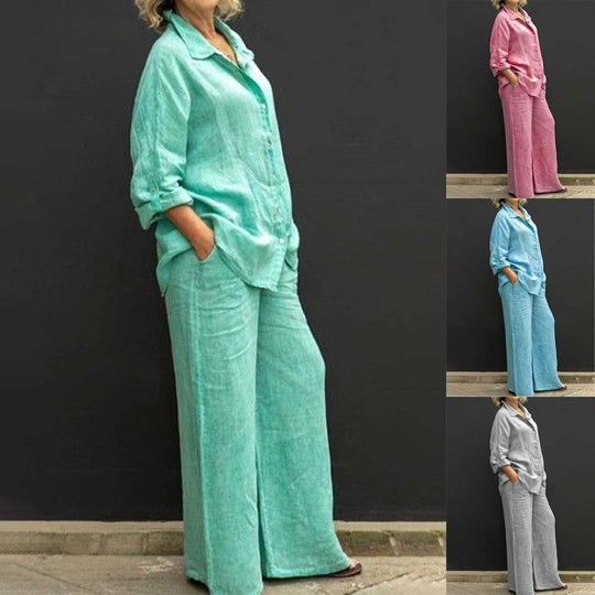 Damen Leichtes Leinen-Loungewear-Set mit Oversized-Hemd und weiter Palazzo-Hose Shop Nory