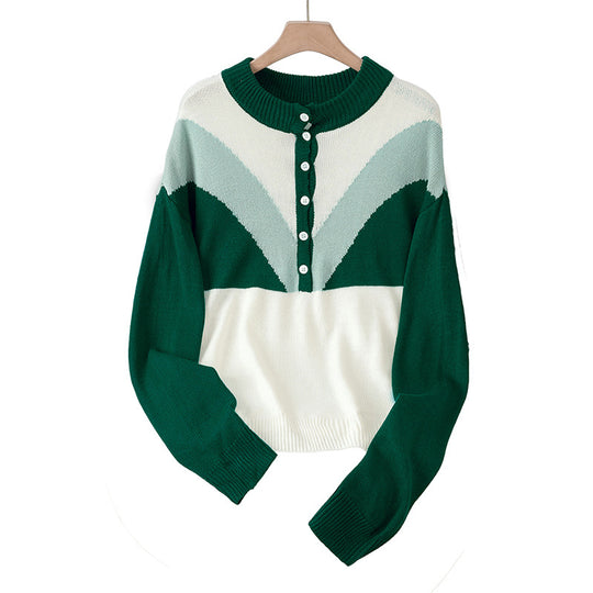 Damen Modischer Strickpullover mit Knopfleiste und Farbblockdesign Shop Nory