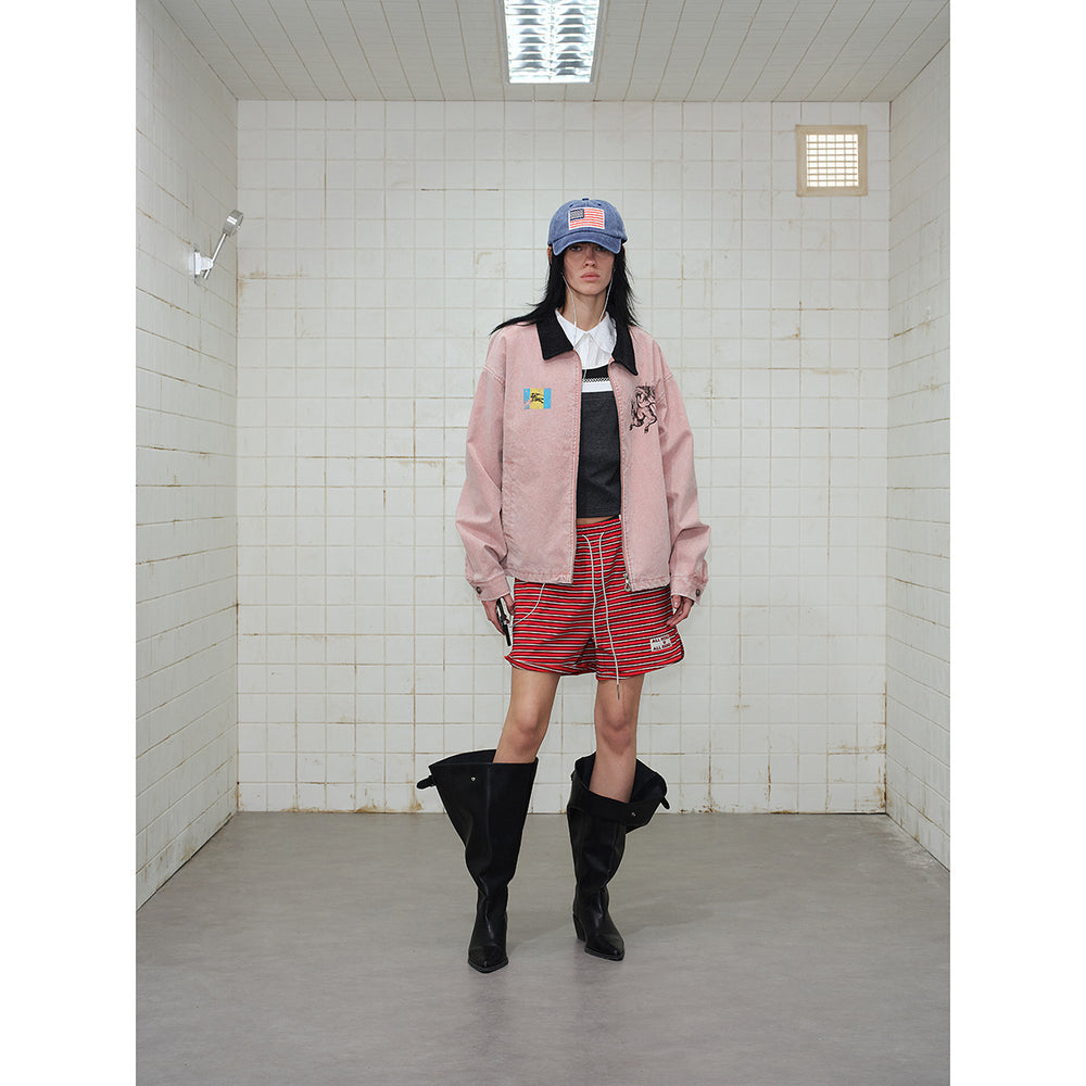 Unisex Boxy-Blousonjacke aus gewaschenem Baumwoll-Twill mit Cordkragen und Printdetails Shop Nory
