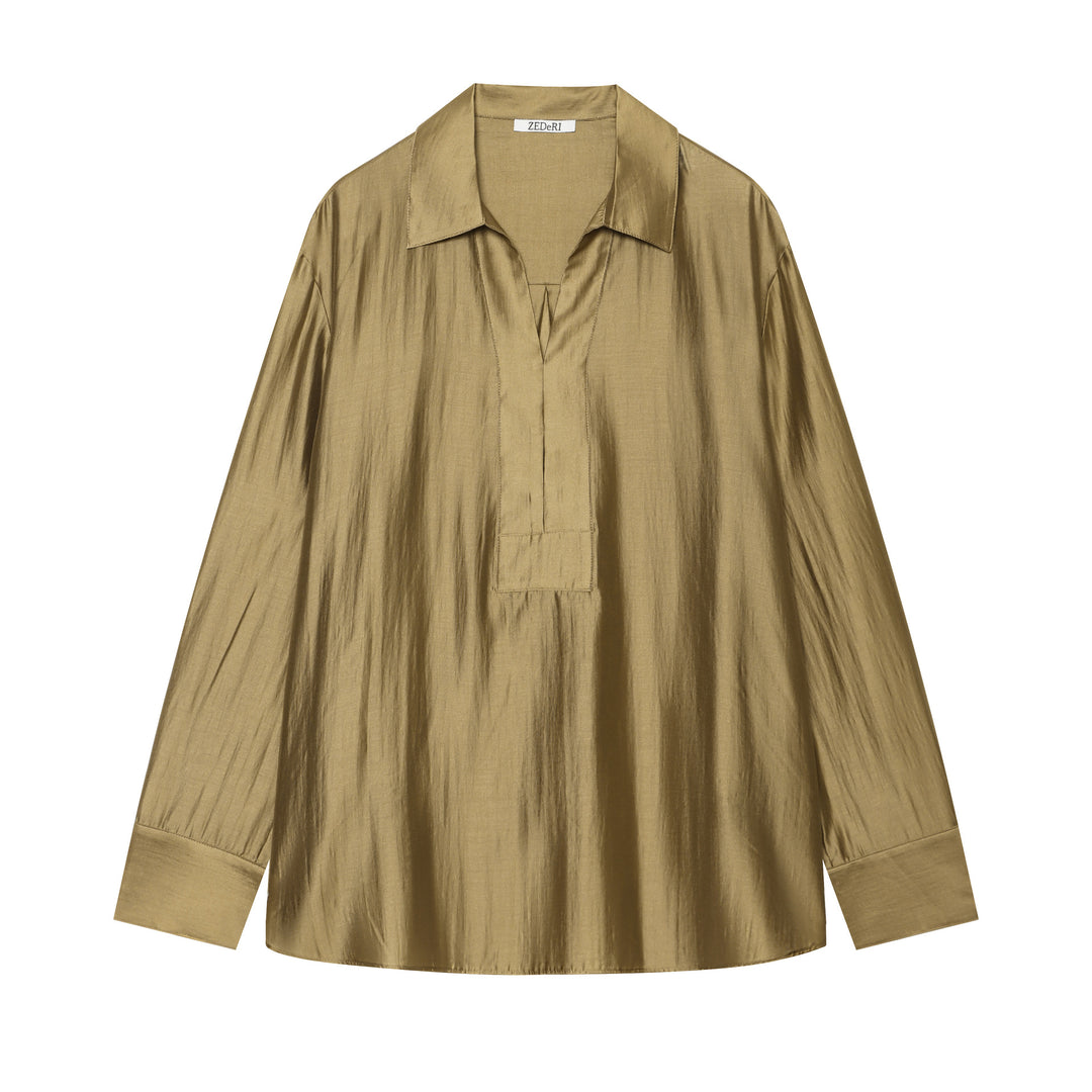 Damen Oversize-Satinbluse mit Hemdkragen, verdeckter Knopfleiste und Manschetten Shop Nory