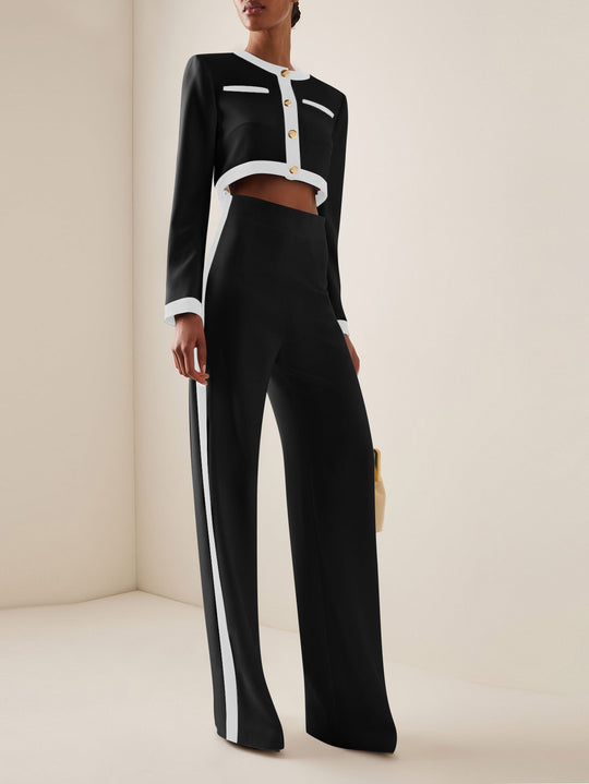 Damen Kurzgeschnittenes Cropped-Tailoring-Set mit Kontrastpaspel und High‑Waist Palazzo-Hose Shop Nory