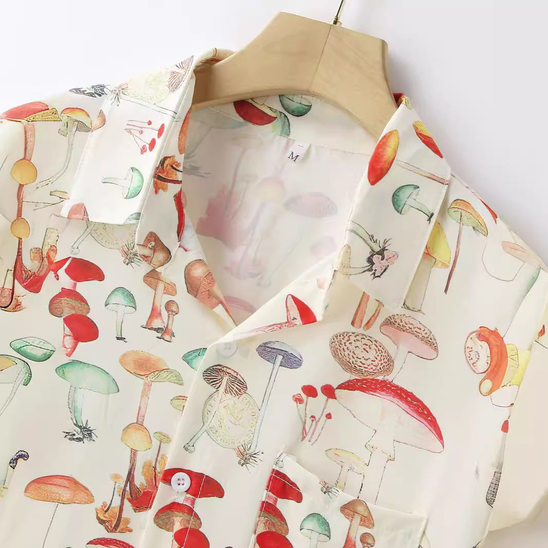 Damen Langarm Hemd mit kreativem Pilzmuster und hochwertigen Materialien