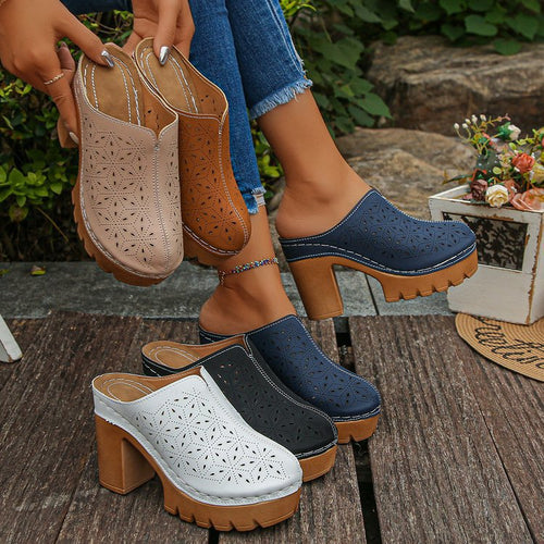 Damen Offene Clogs mit floralem Cut-Out Design und klobigem Absatz