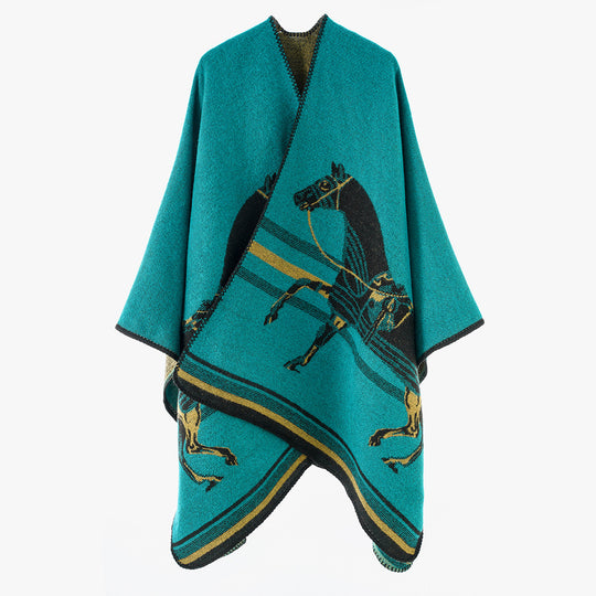 Damen Poncho-Cape aus Wollmix mit gewebtem Pferde-Jacquard und kontrastkettelung Shop Nory