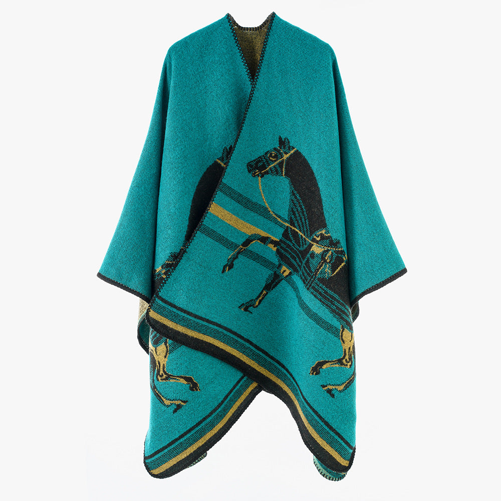 Damen Jacquard‑Poncho mit Pferdemotiv und weichem Wollmix Shop Nory
