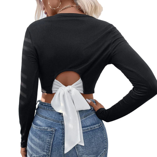 Damen figurnahes geripptes Crop-Longsleeve mit Rundhalsausschnitt und formstabiler Stretchfaser Shop Nory