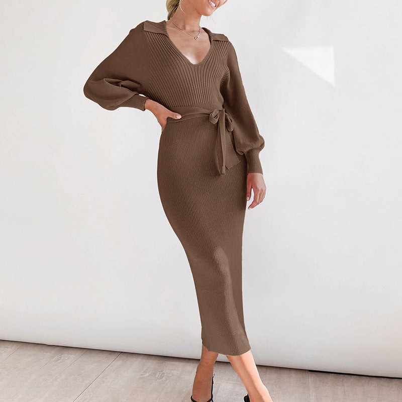Damen Figurbetontes Rippstrick Midikleid mit V Ausschnitt Schalkragen Ballonärmeln und Bindegürtel Shop Nory