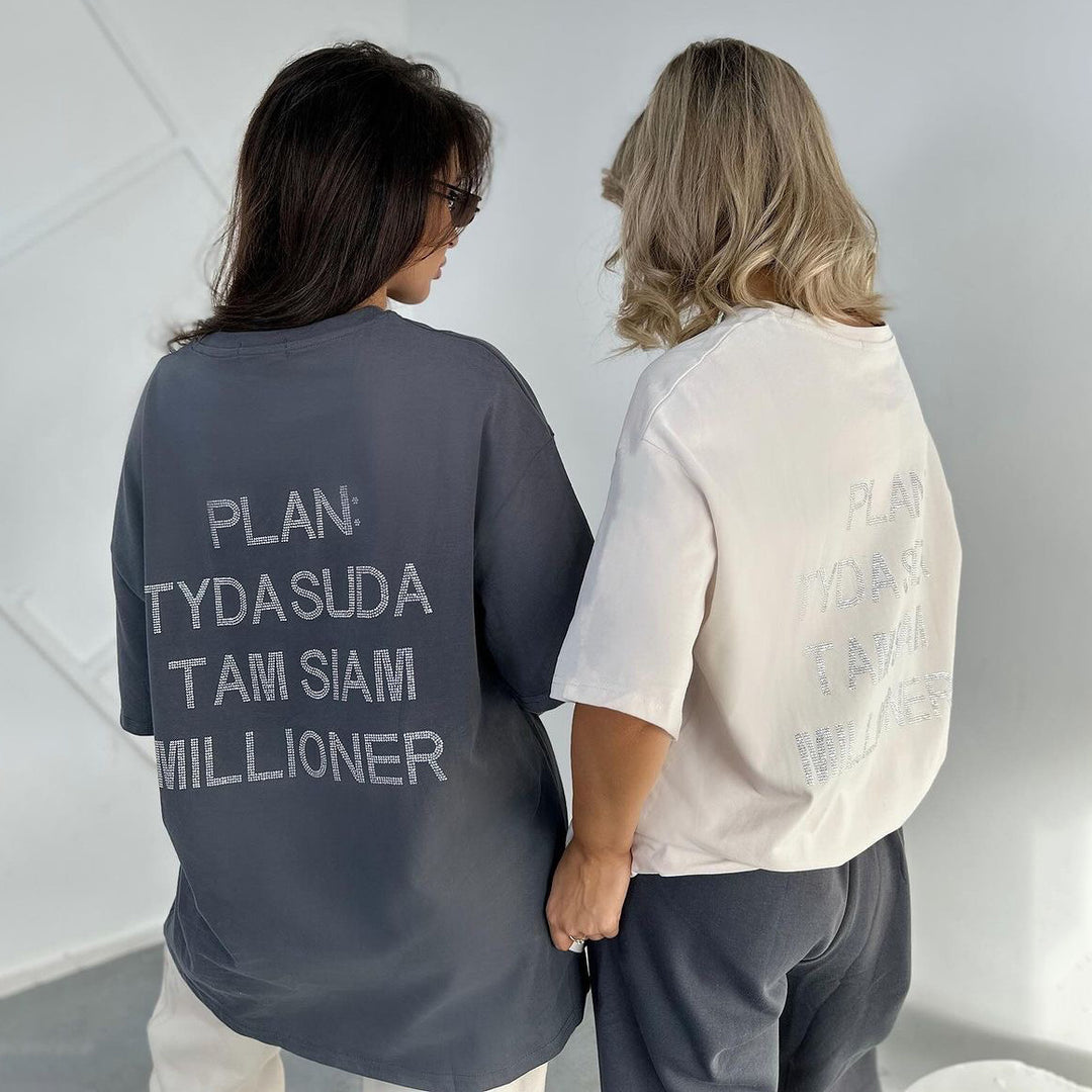 Damen oversized Statement-T-Shirt mit Strassschrift auf dem Rücken Shop Nory
