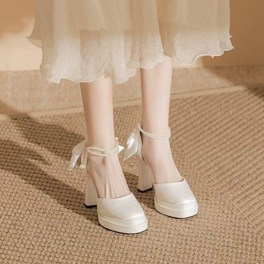 Damen Satin-Plateau-Pumps mit dekorativer Schleife und verstellbarem Knöchelriemen Shop Nory