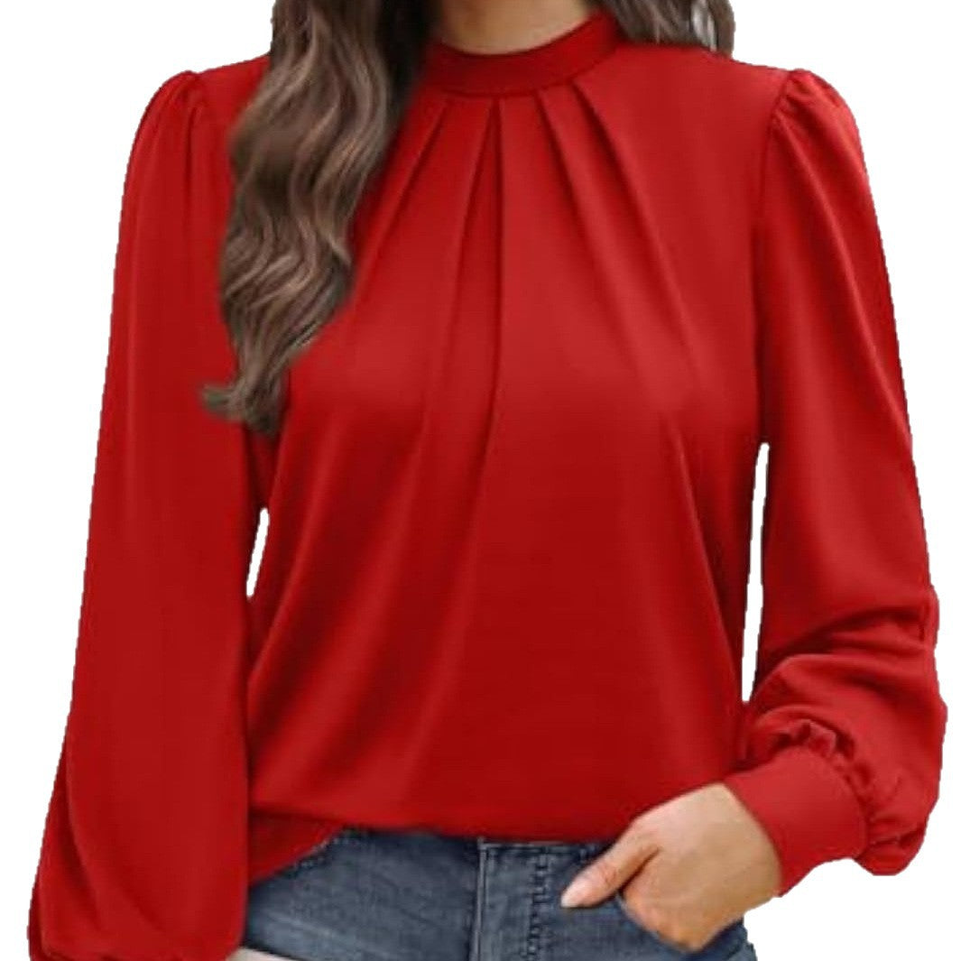 Damen Langärmelige Satinbluse mit Stehkragen, Brustfalten und gerippten Bündchen Shop Nory