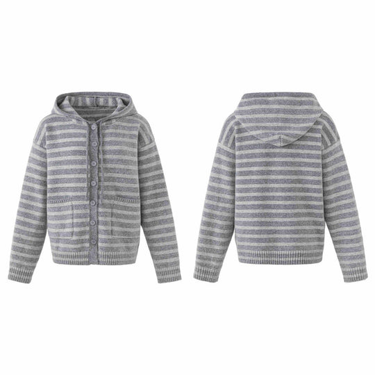 Damen Kapuzenstrickjacke mit Knopfleiste und Blockstreifen Shop Nory
