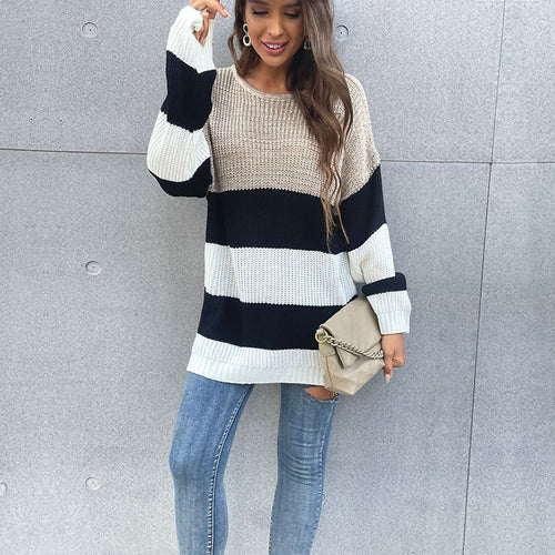 Damen Oversize-Blockstreifen-Pullover aus grobem Strick mit weitem Schnitt Shop Nory