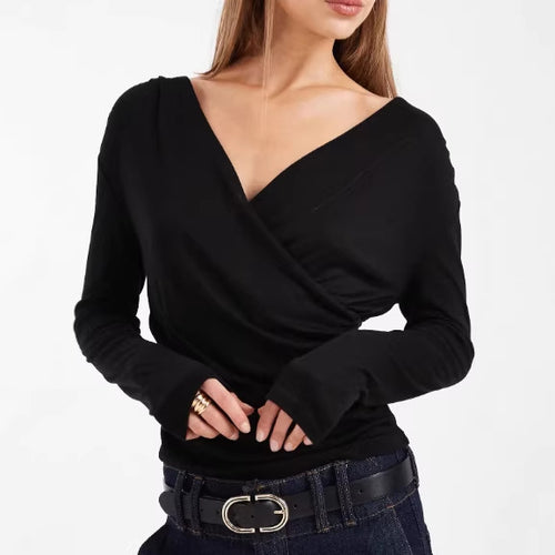 Damen Figurbetontes Wickelshirt mit V-Ausschnitt und Raffung Shop Nory