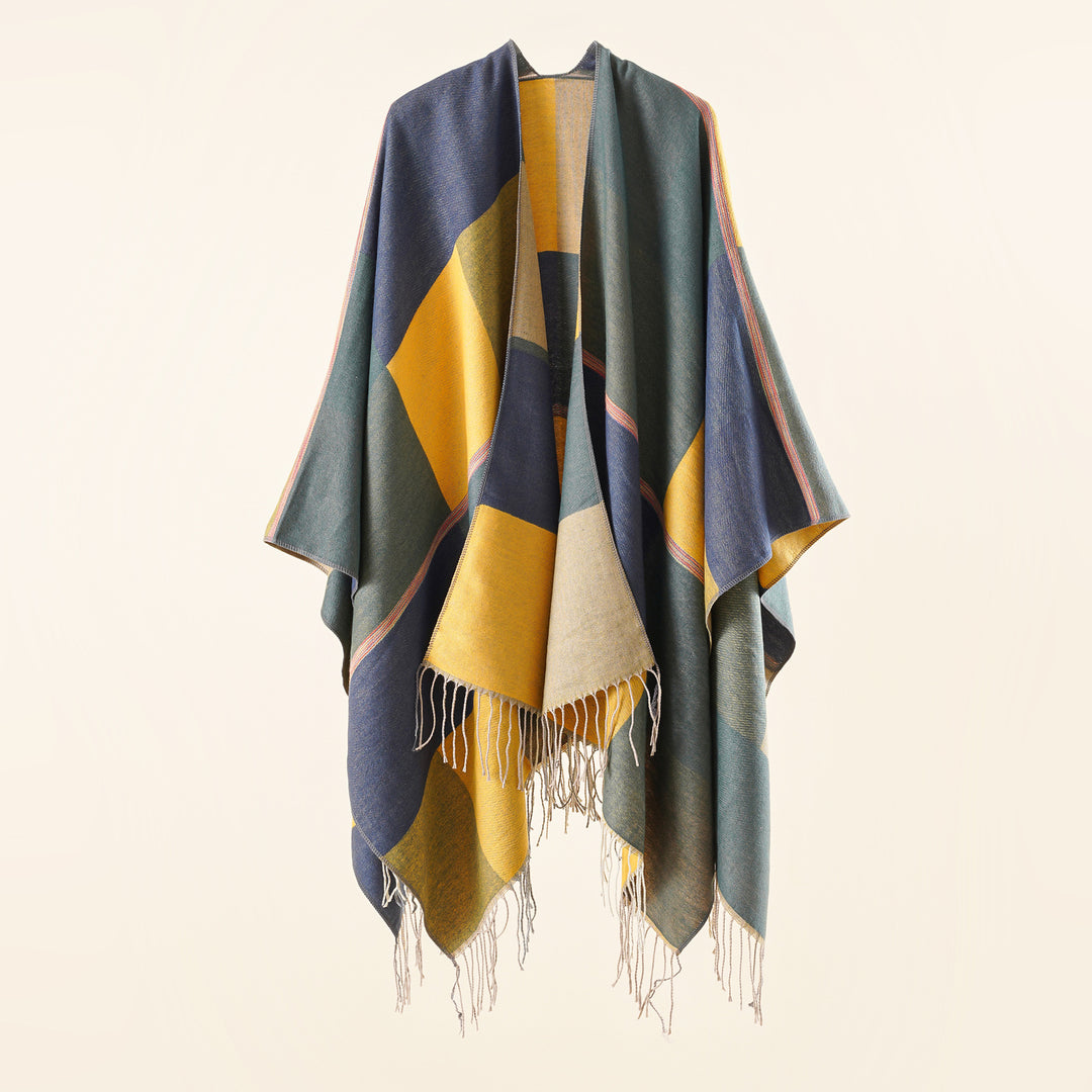 Damen Leichter Webruana mit geometrischem Blockmuster und Fransensaum Shop Nory