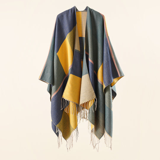 Damen Leichter Webruana mit geometrischem Blockmuster und Fransensaum Shop Nory