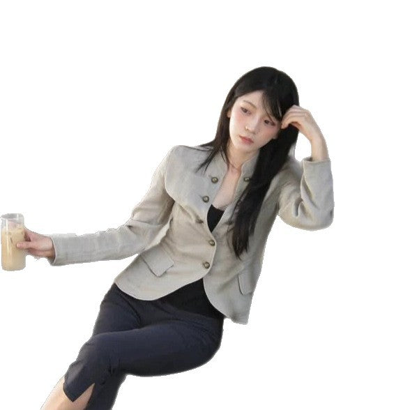 Damen Taillierter Leinenblazer mit Stehkragen und Zierknopfleiste Shop Nory