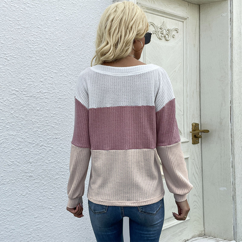 Damen Farbenblock Waffelstrick-Top mit V-Ausschnitt und Zierknopfleiste Shop Nory