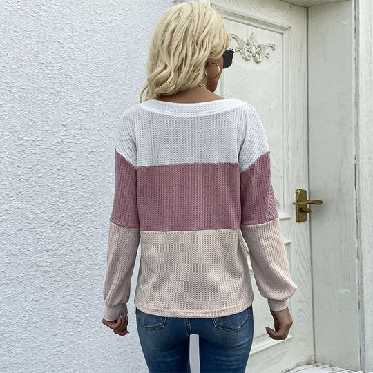 Damen Farbenblock Waffelstrick-Top mit V-Ausschnitt und Zierknopfleiste Shop Nory