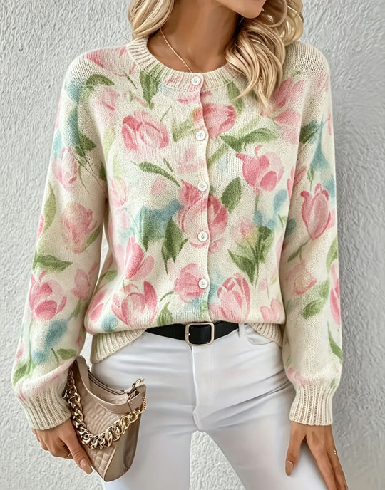 Damen Leichter Jacquard‑Strickcardigan mit Leo‑Print, Rundhalsausschnitt und Knopfleiste Shop Nory