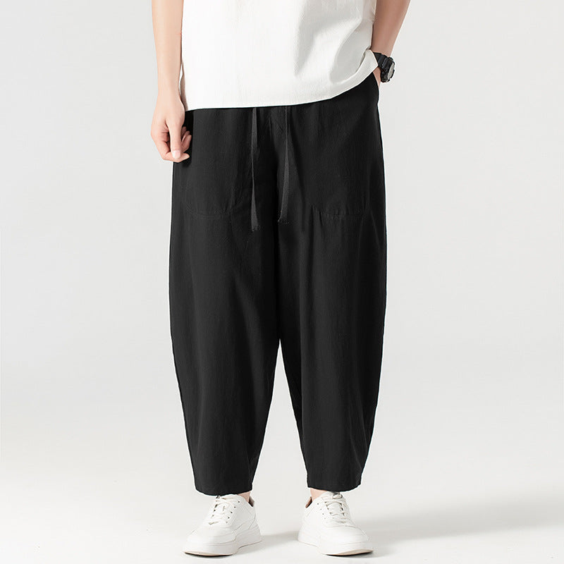 Herren Lässige Leinen-Baumwoll-Hose mit weitem Bein, Kordelzug und aufgesetzten Taschen Shop Nory