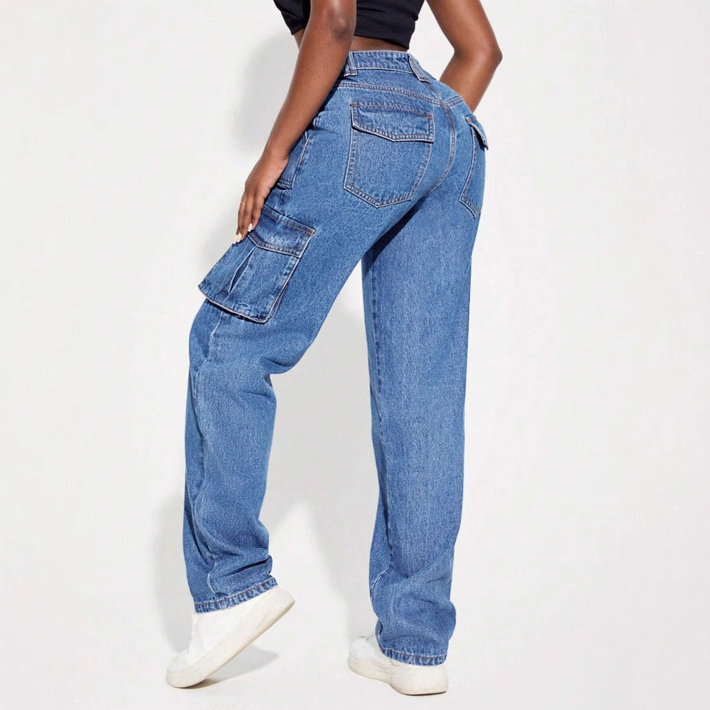 Damen Vintage Cargo Jeans mit elastischem Bund und seitlichen Taschen