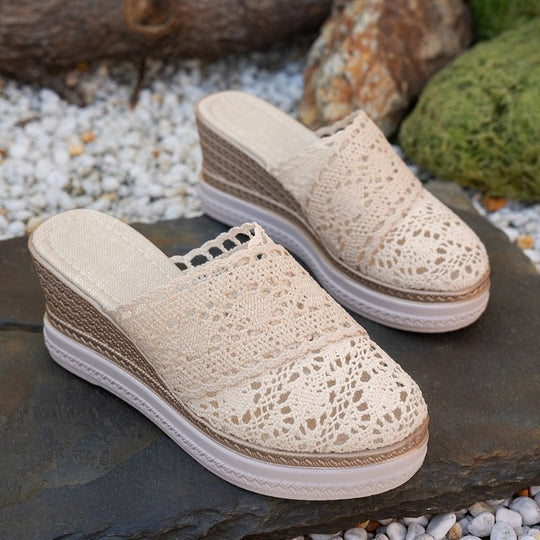 Damen nan gehäkelte Plateau-Slipper mit Jute-Details und Memory-Fußbett Shopnory