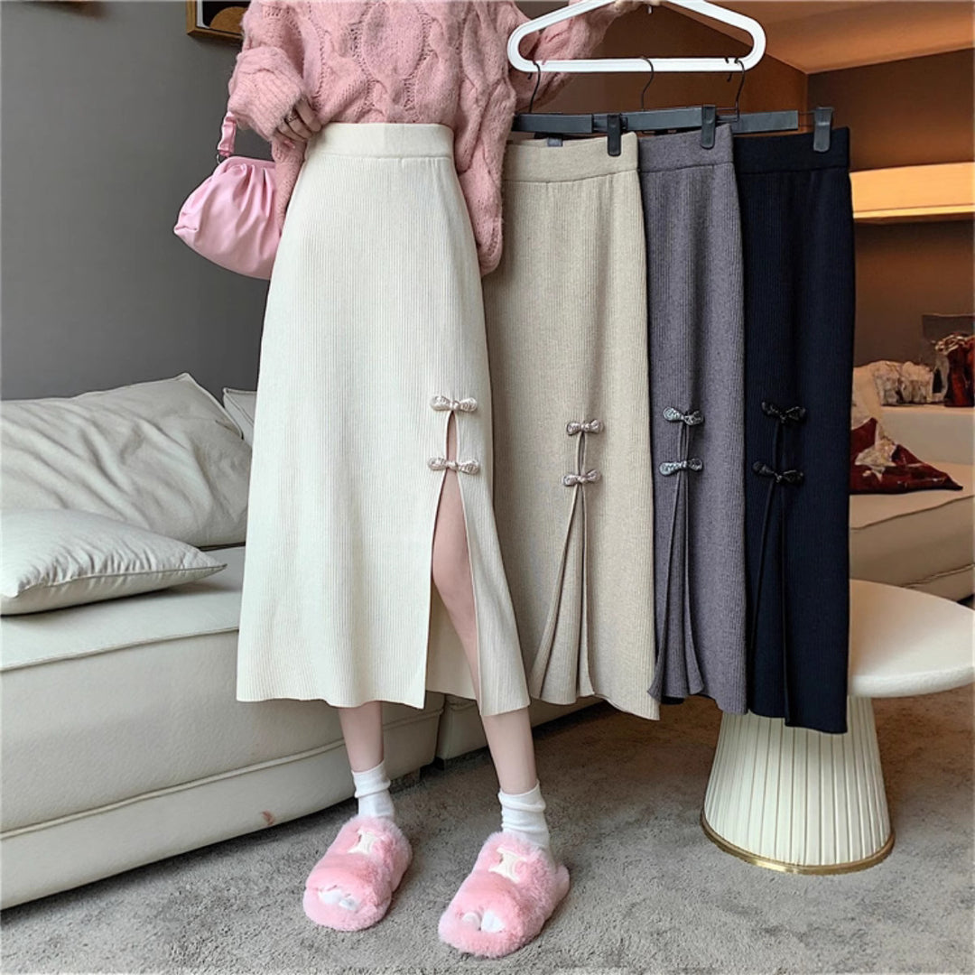 Damen Eleganter Strickrock mit Schlitz und Schleifendetails Shop Nory
